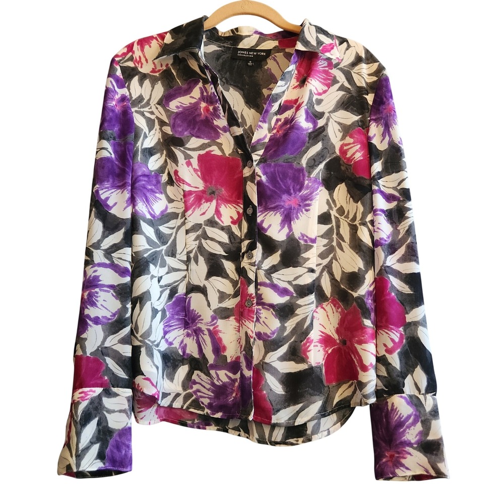 Jones New York Floral Blouse Womens 10 Purple Magenta Excellent Watercolor Top